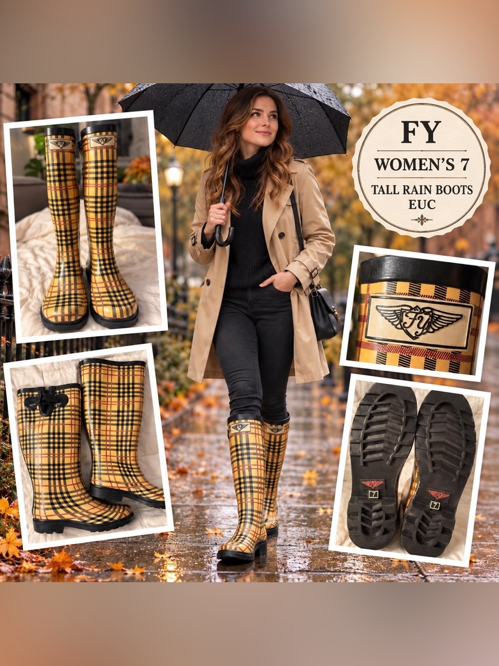 FY Women’s 7 Tall Plaid Tartan Rain Boots Buckle Wellington